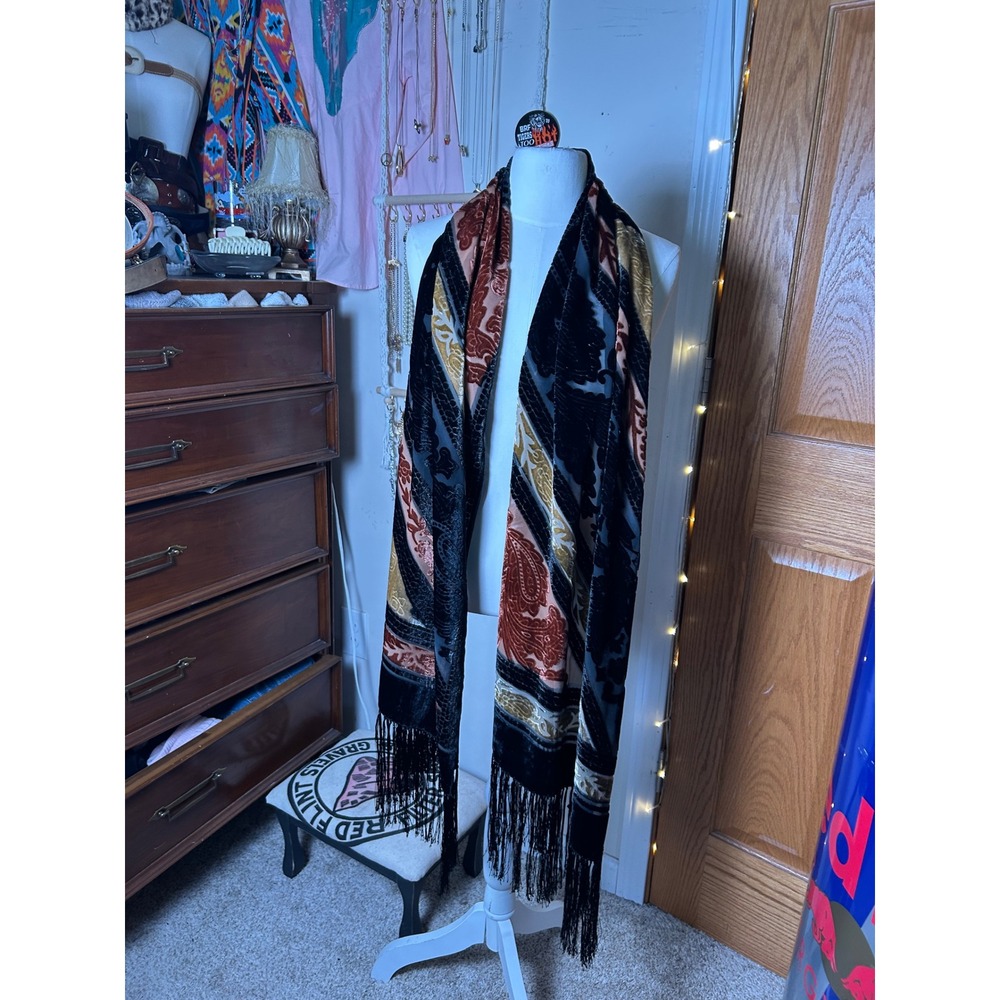 Vintage Silk Blend Burnout Velvet Scarf Boho Whimsigoth Victorian Fringe Large - Picture 7 of 7